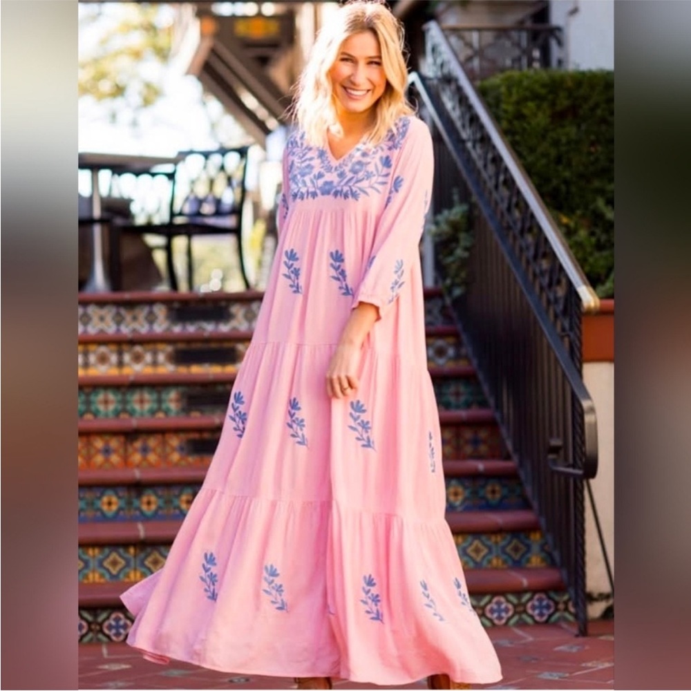 J. Marie pink embroidered cottagecore peasant maxi dress